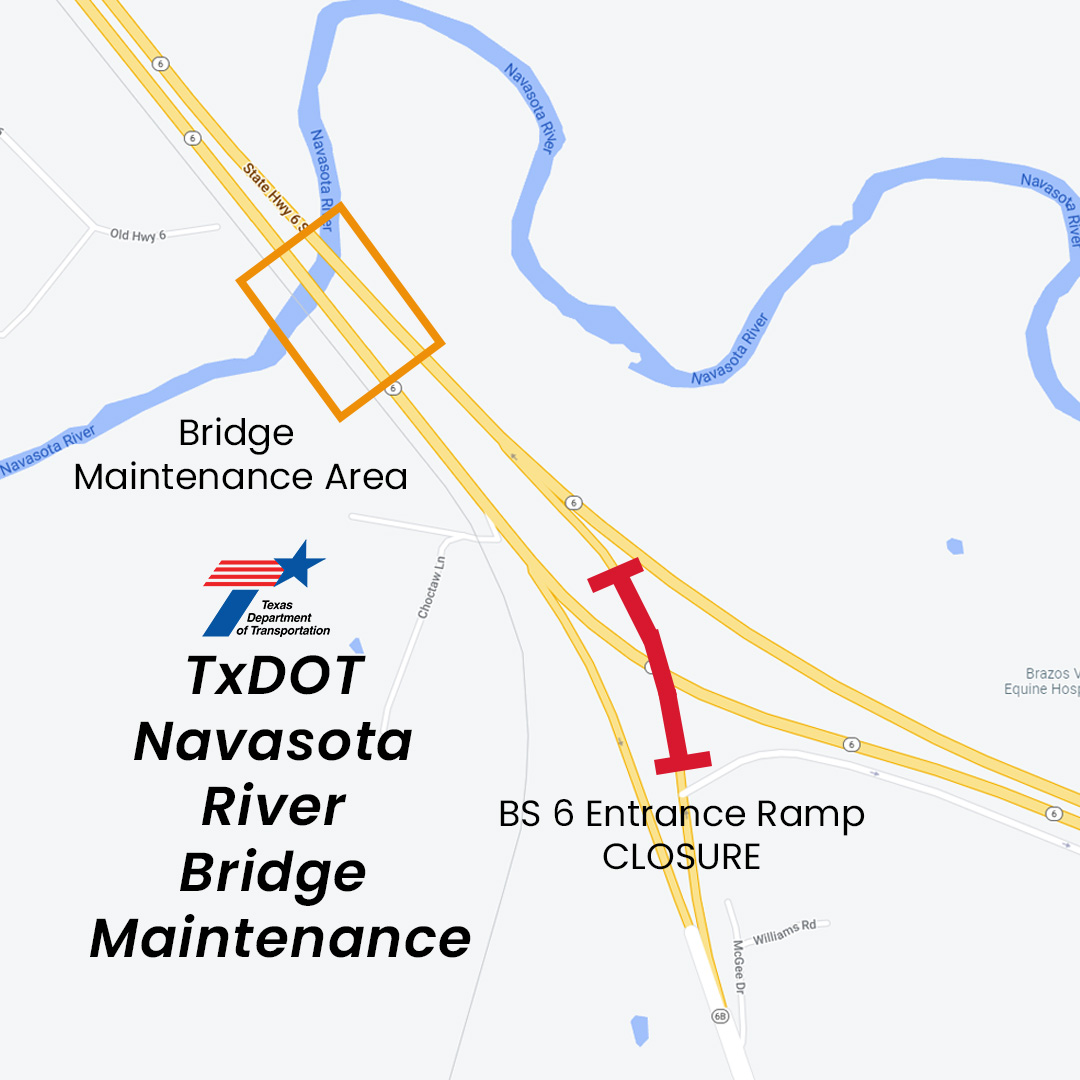 TXDOT maintenance ongoing for next 60 days at Navasota River Bridge